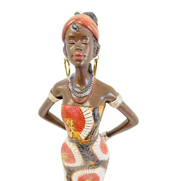 Handcrafted African Woman Figurine Wearing Traditional Print Dress 15" x 3 1/8" - Picture 7 of 7